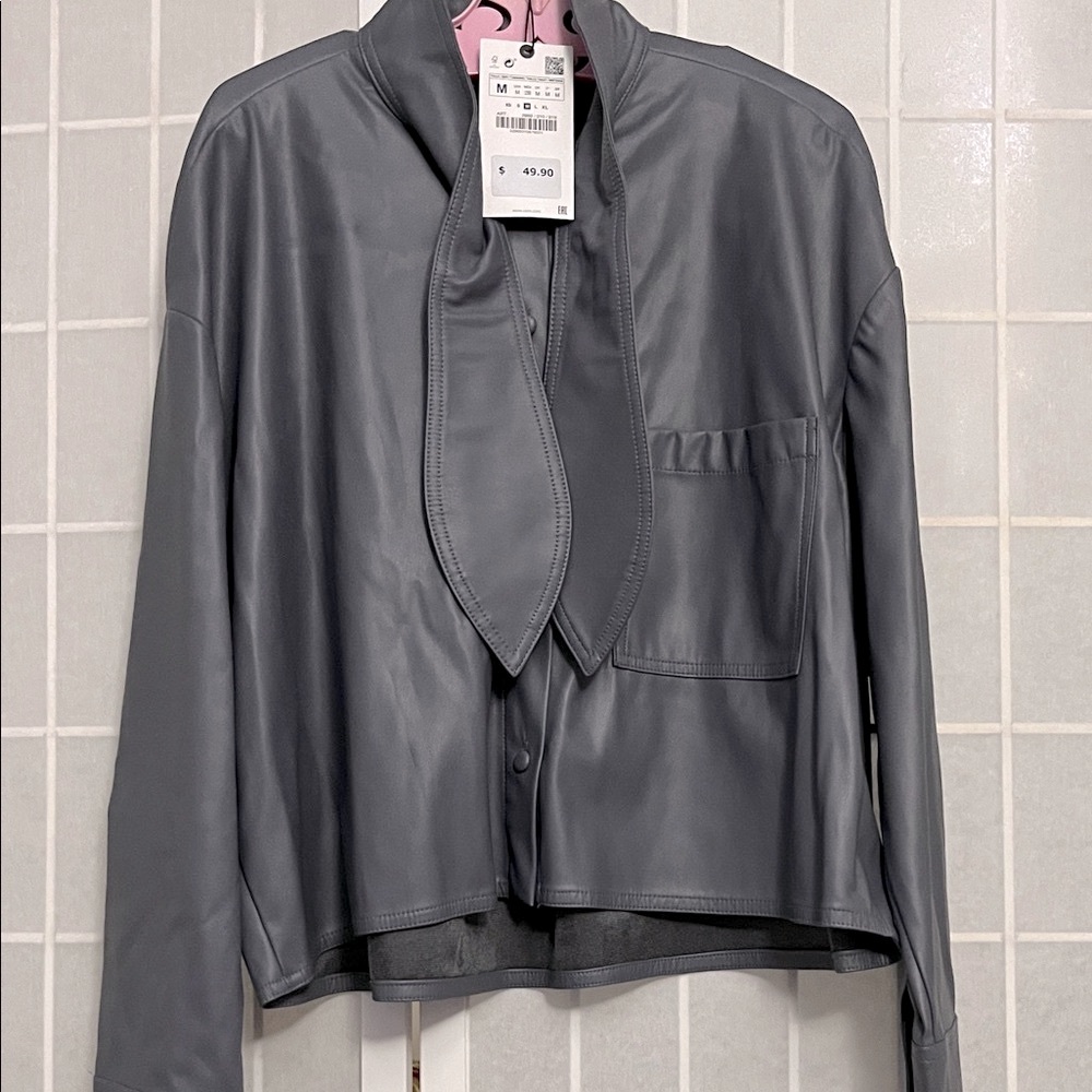 Zara Women's Dark Grey Faux Leather Tie Shirt - Picture 4 of 7